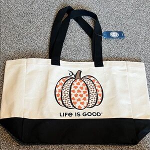 BNWT Life Is Good Pumpkin Design Tote in Cream and Black